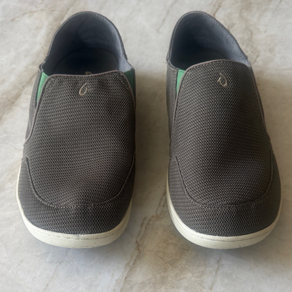 OluKai Men's Dark Brown Slip-On Loafers with Green Accent